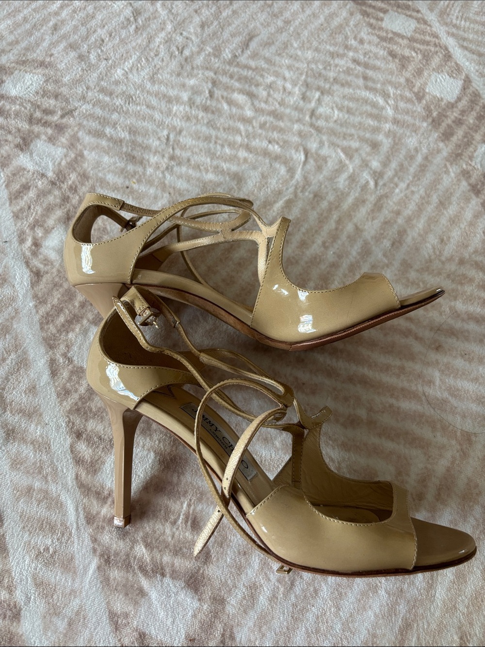 Jimmy Choo Nude Patent Leather Strappy High Heel Sandals